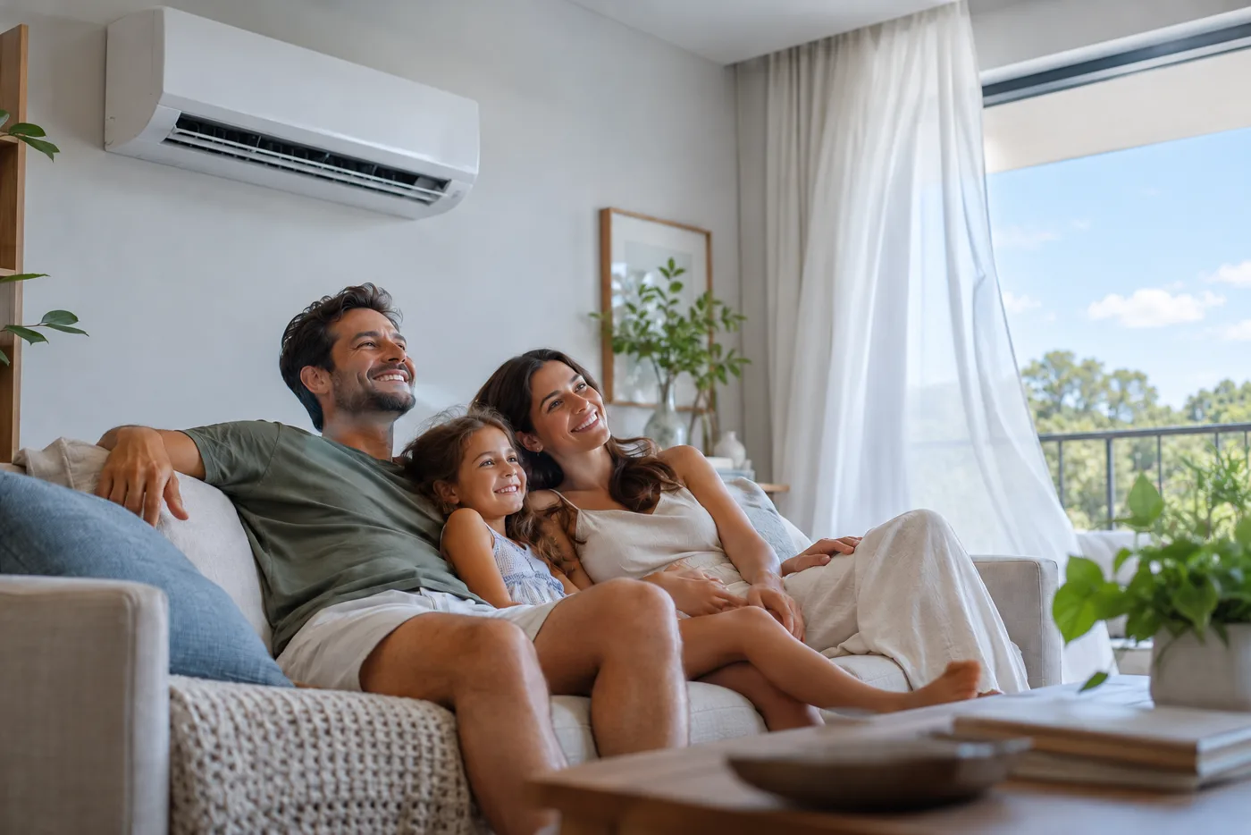 Família relaxada numa sala fresca com o ar-condicionado ligado