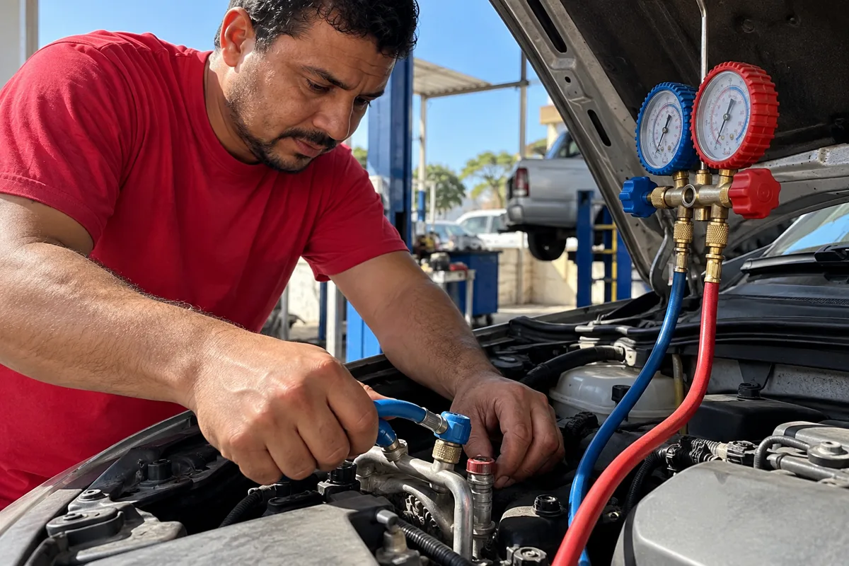 Técnico medindo a pressão do ar-condicionado de um carro