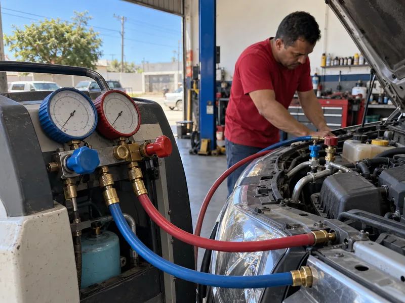 Recarga de gás do ar-condicionado de um carro